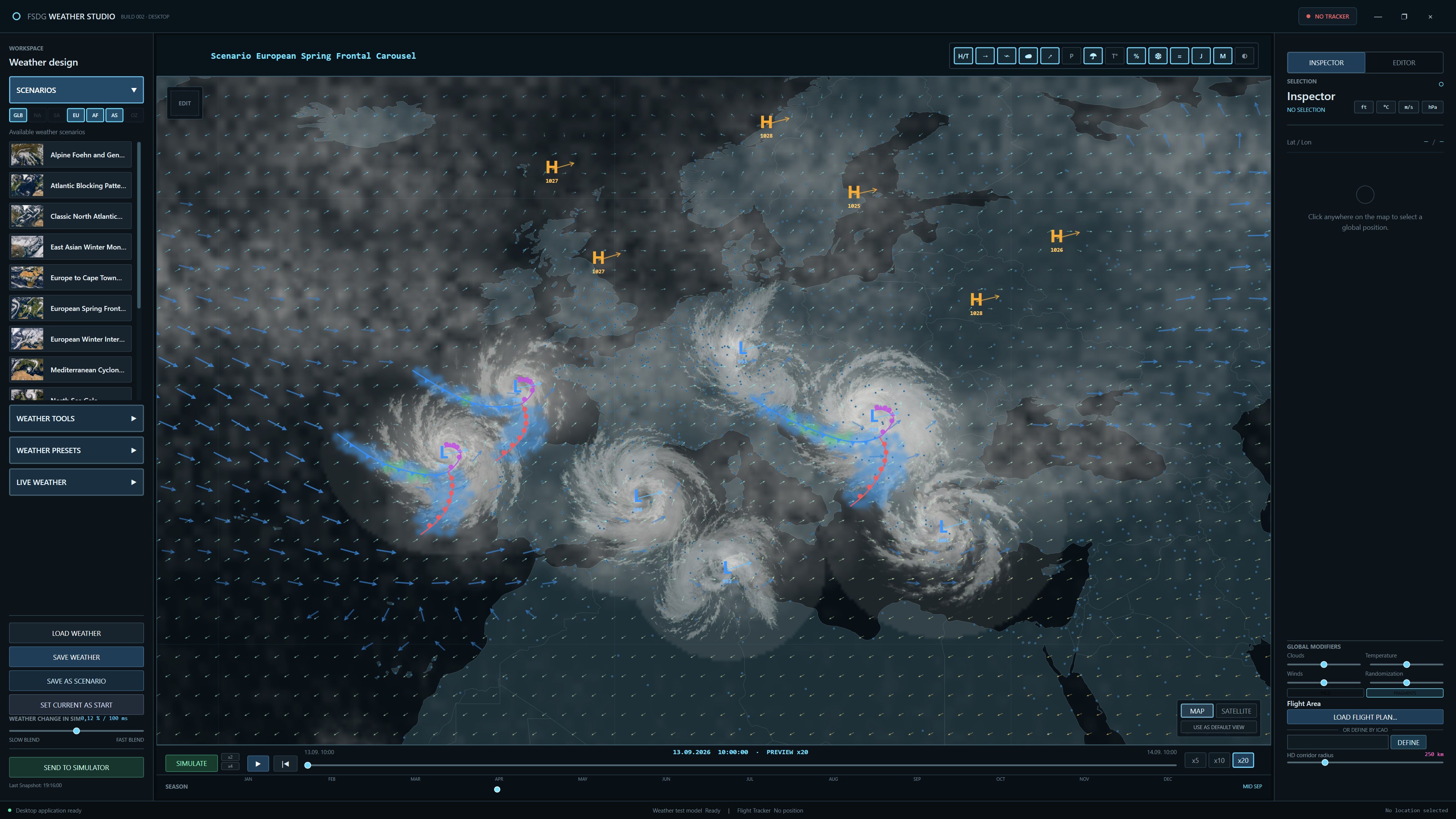 Weather Studio showing a global scenario with multiple weather systems